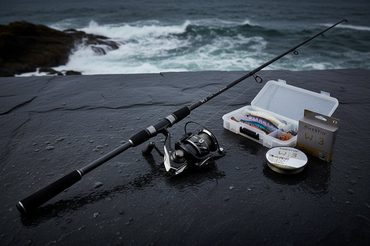 WESTIN W2 BASS TRAVEL ROD - W2 SPINNING REEL & W3 BRAID - SEABASS CASTING BOX CONTAINING 22pcs
