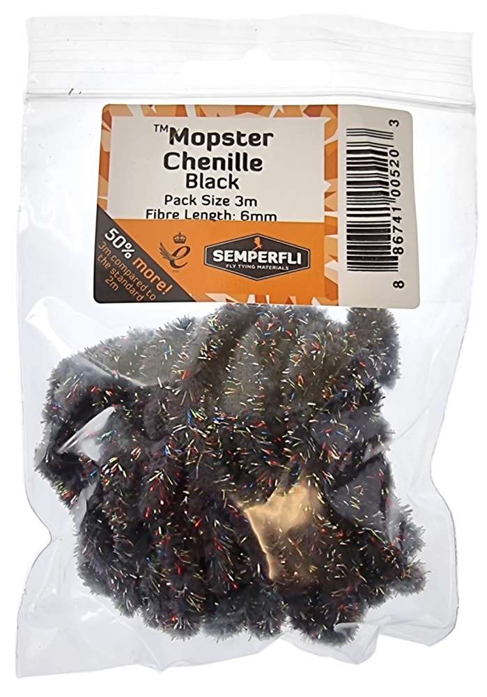 Packaging of Semperfli Mopster Mop Chenille, showing the chenille material used for fly tying with multicolored guard hair tinsels.